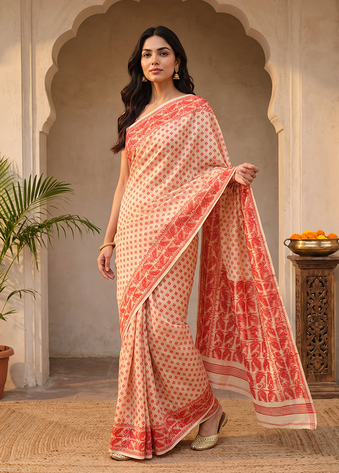 Cream Jamdani Cotton Saree Without Blouse Piece
