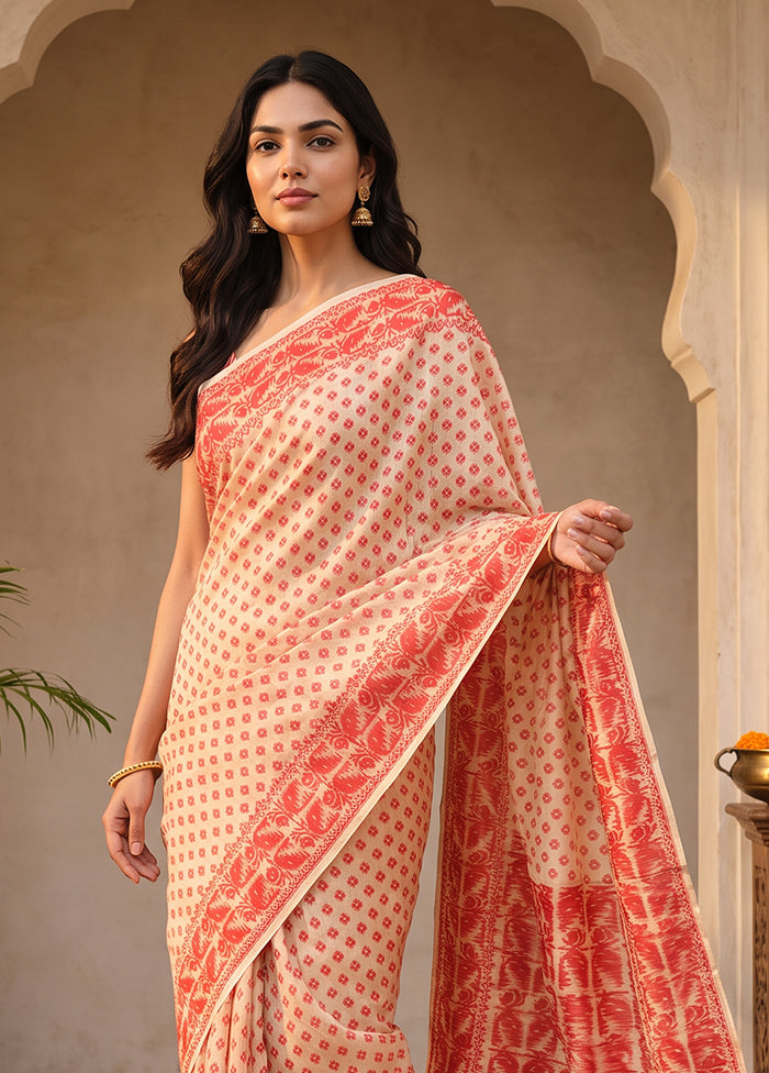 Cream Jamdani Cotton Saree Without Blouse Piece