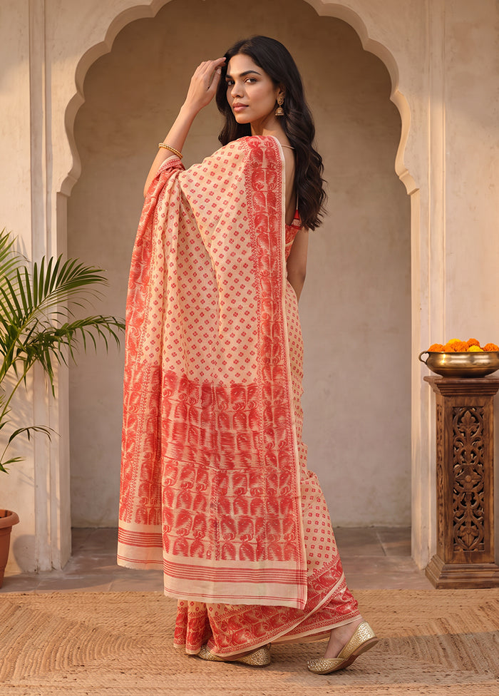 Cream Jamdani Cotton Saree Without Blouse Piece