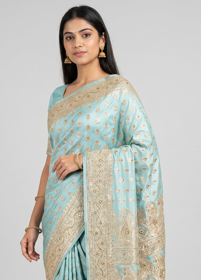Blue Handloom Banarasi Pure Silk Saree With Blouse Piece