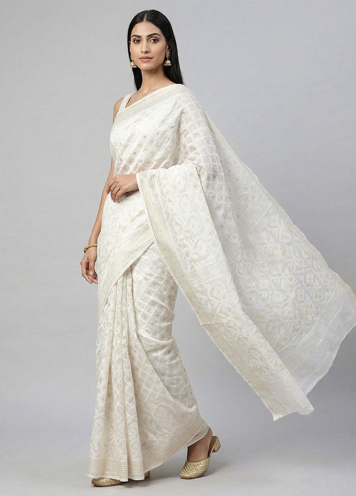 White Jamdani Cotton Saree Without Blouse Piece