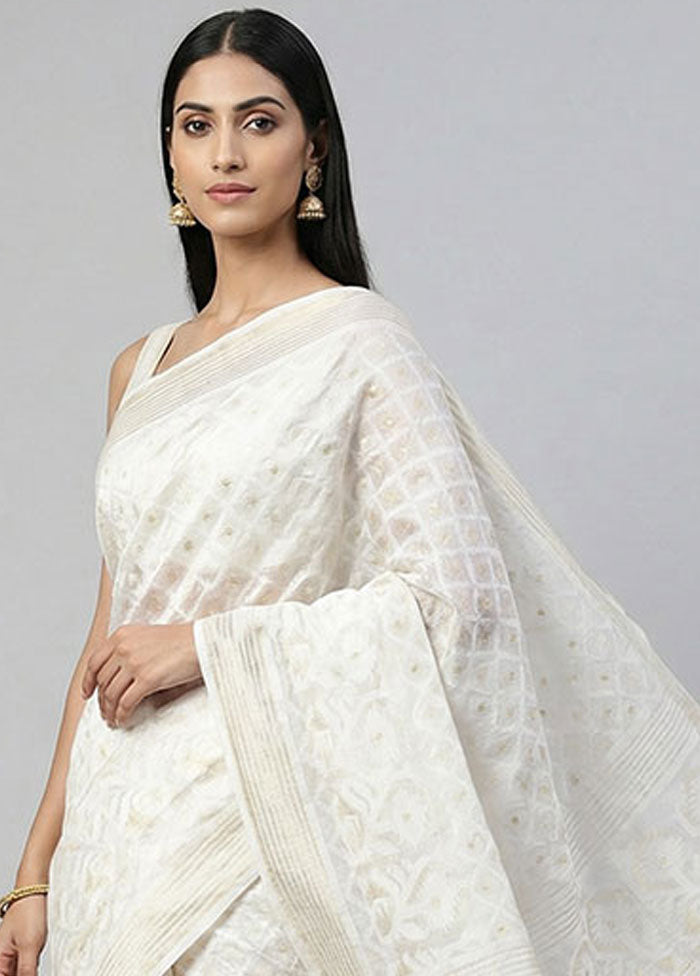 White Jamdani Cotton Saree Without Blouse Piece