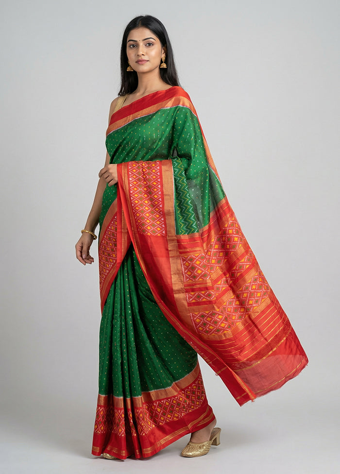 Green Handloom Ikkat Pure Silk Saree With Blouse Piece