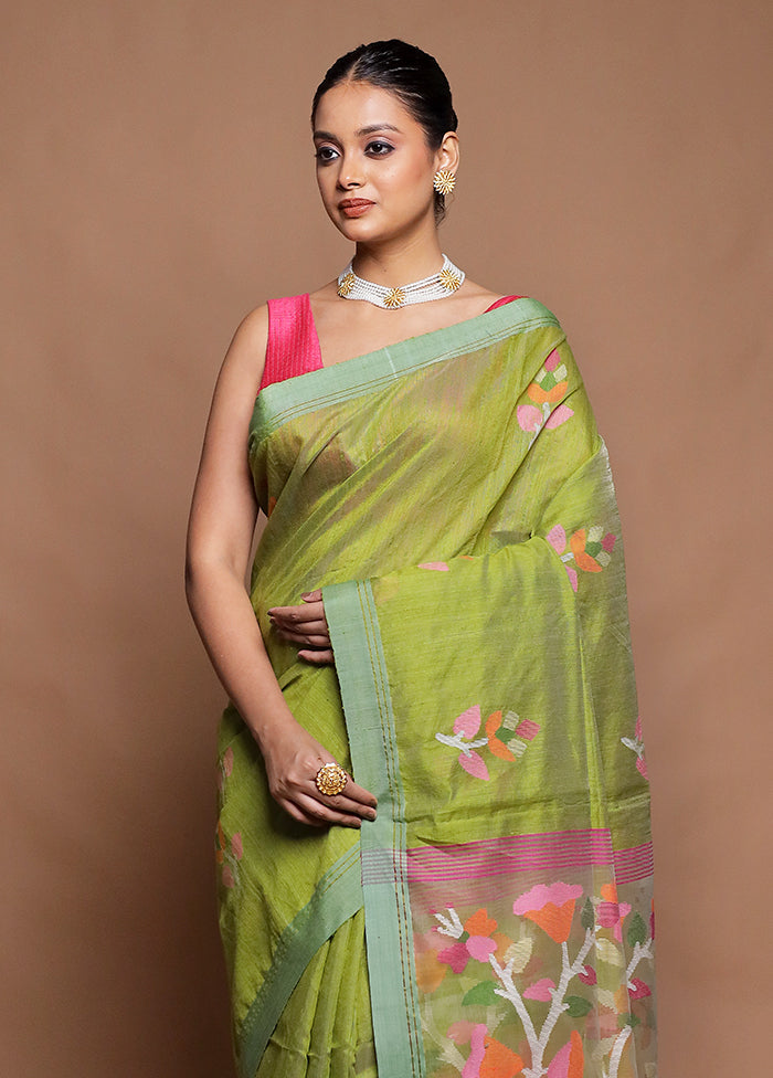 Green Handloom Matka Pure Silk Saree With Blouse Piece