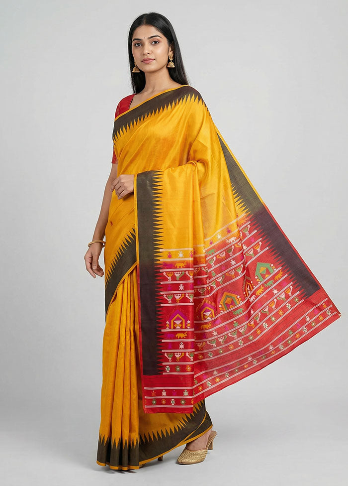 Yellow Dupion Silk Saree With Blouse Piece