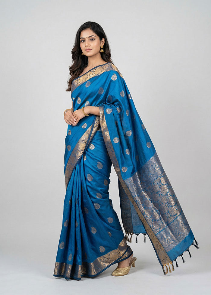 Blue Kanjivaram Silk Saree With Blouse Piece