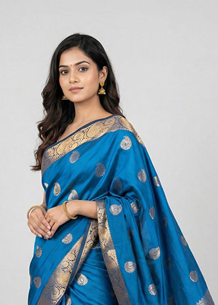 Blue Kanjivaram Silk Saree With Blouse Piece
