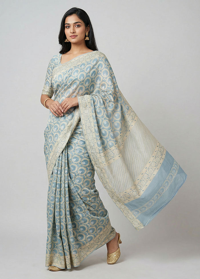 Blue Handloom Pure Cotton Saree With Blouse Piece