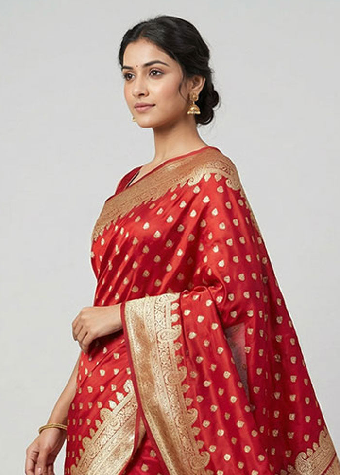 Red Handloom Banarasi Pure Silk Saree With Blouse Piece