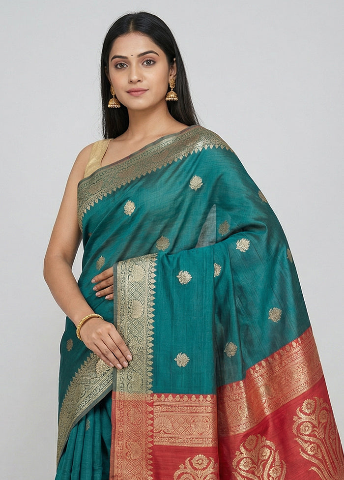 Green Handloom Tussar Pure Silk Saree With Blouse Piece