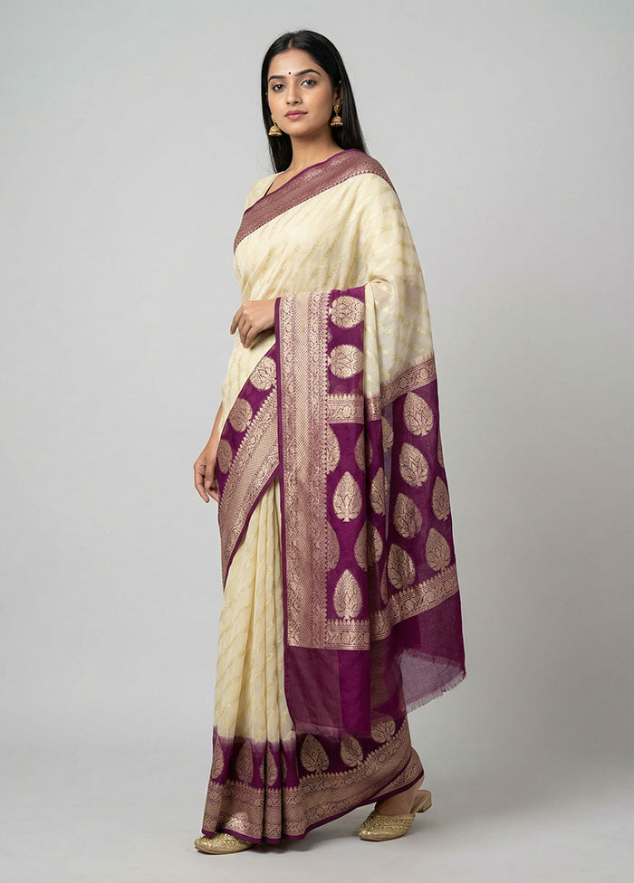 Cream Kora Silk Saree With Blouse Piece