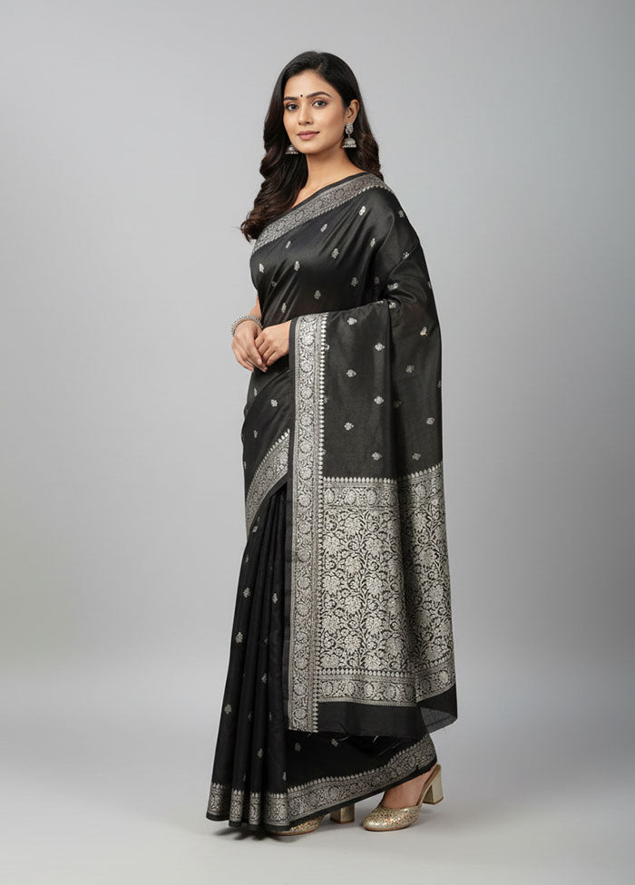 Black Handloom Katan Pure Silk Saree With Blouse Piece