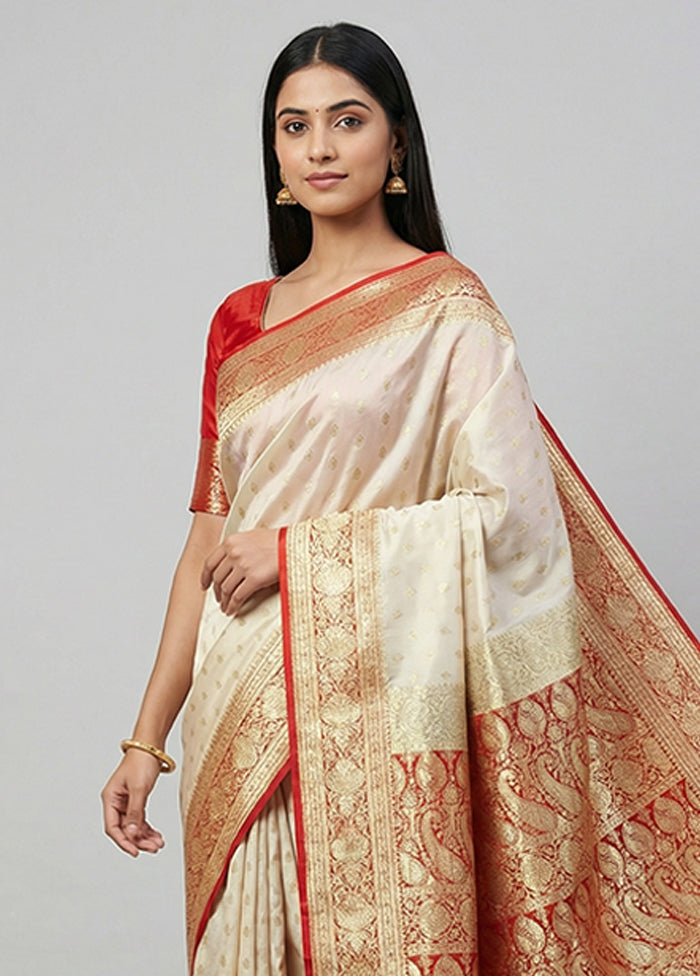 Cream Banarasi Silk Saree With Blouse Piece