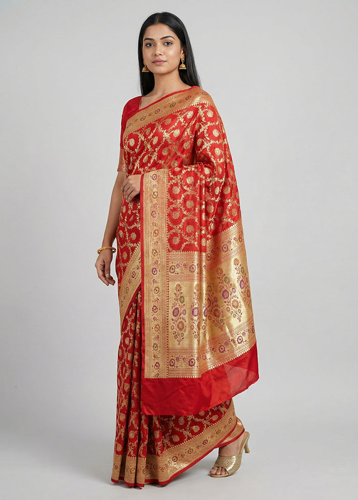 Red Handloom Banarasi Pure Silk Saree With Blouse Piece