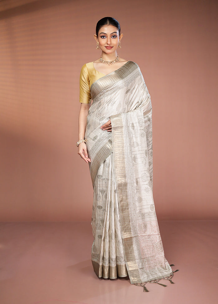 Cream Dupion Silk Saree With Blouse Piece