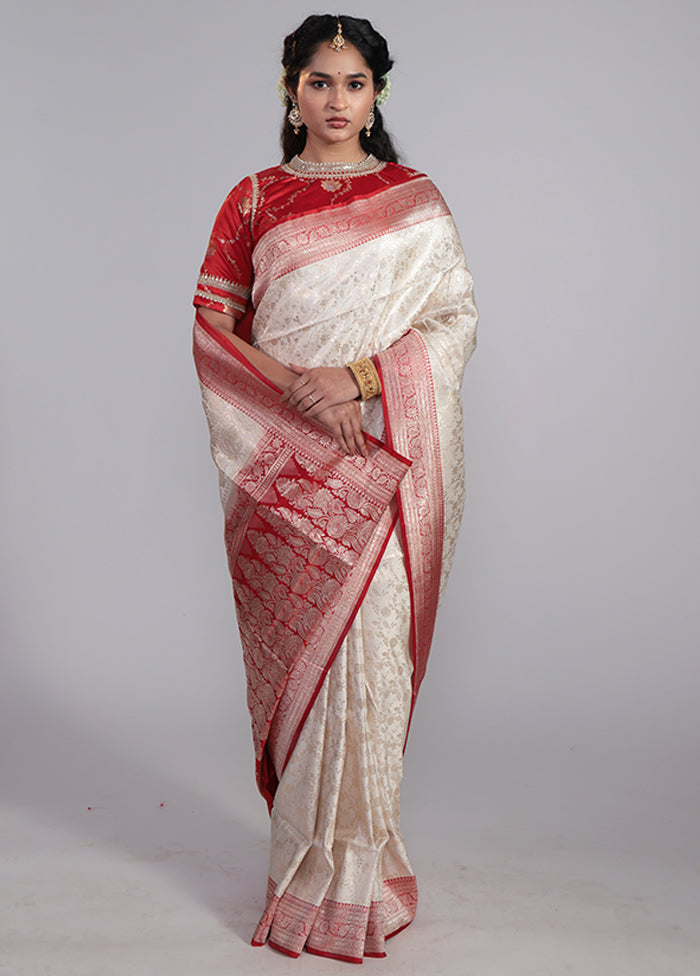 White Handloom Banarasi Pure Silk Saree With Blouse Piece