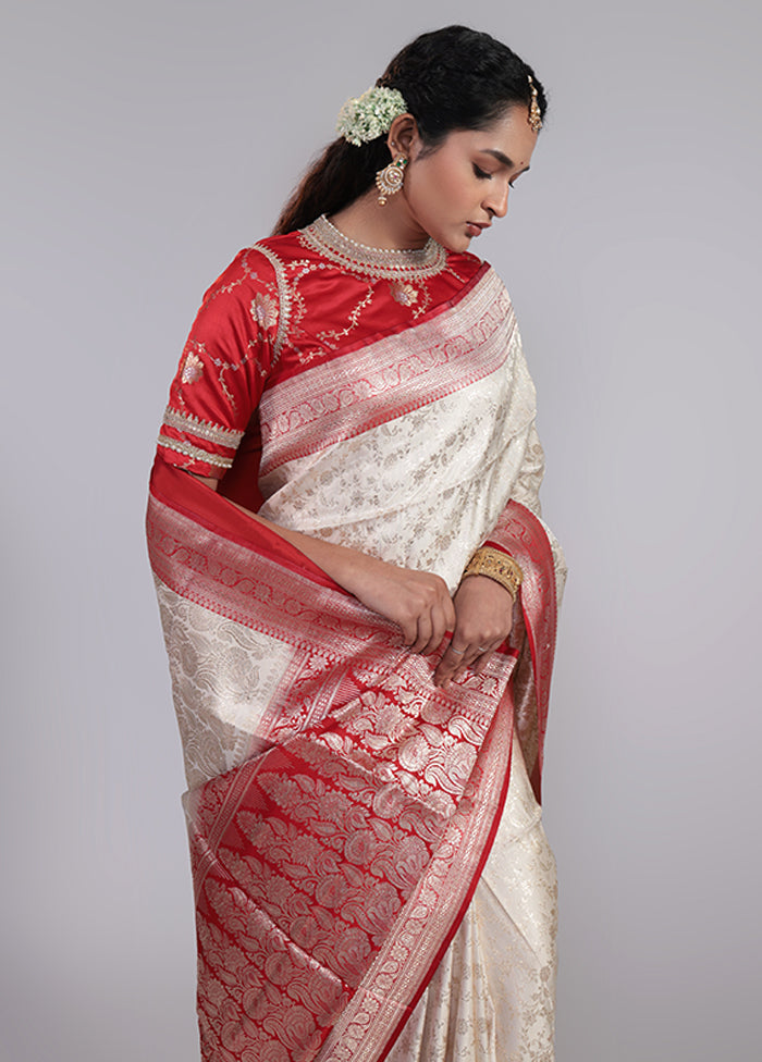 White Handloom Banarasi Pure Silk Saree With Blouse Piece