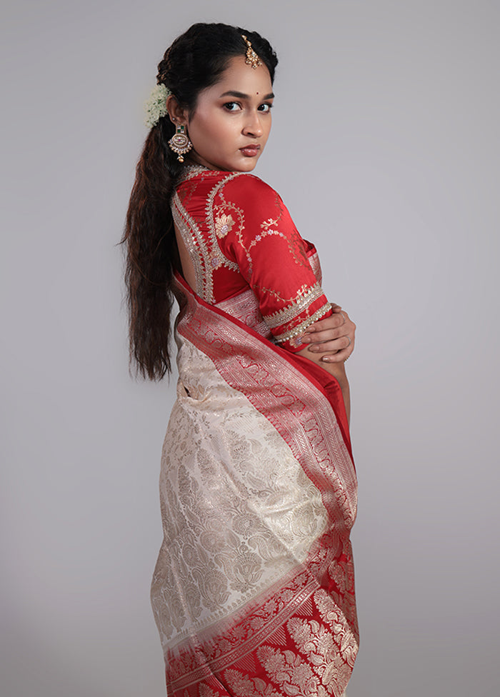 White Handloom Banarasi Pure Silk Saree With Blouse Piece