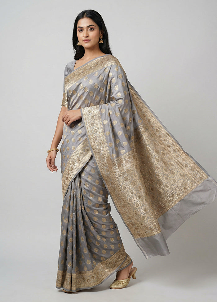 Grey Handloom Banarasi Pure Silk Saree With Blouse Piece