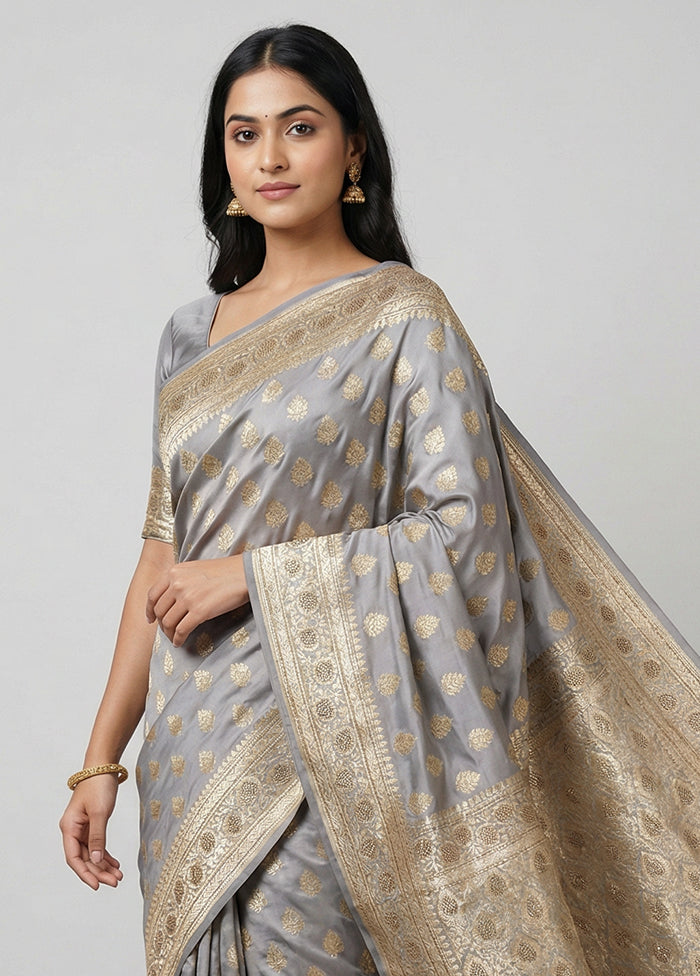 Grey Handloom Banarasi Pure Silk Saree With Blouse Piece