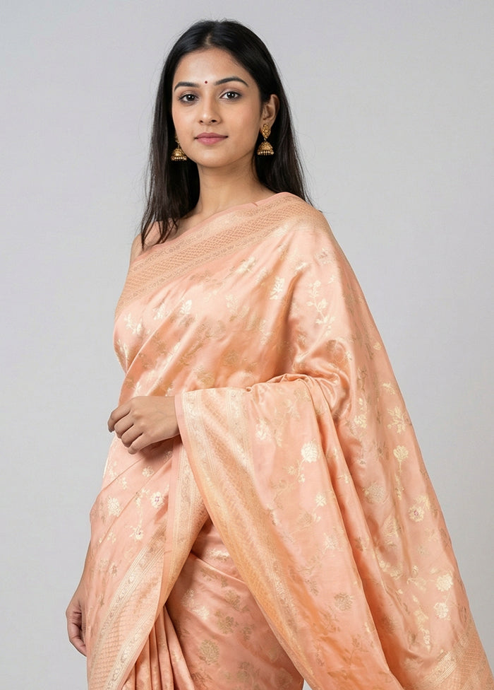 Peach Handloom Katan Pure Silk Saree With Blouse Piece
