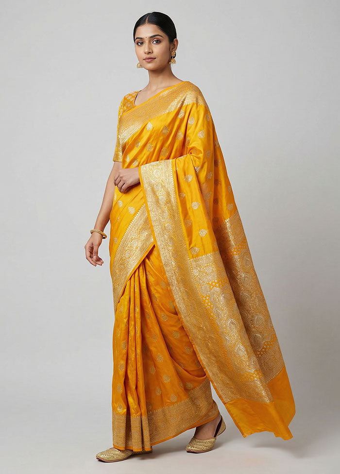 Yellow Banarasi Silk Saree With Blouse Piece