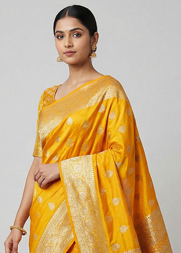 Yellow Banarasi Silk Saree With Blouse Piece