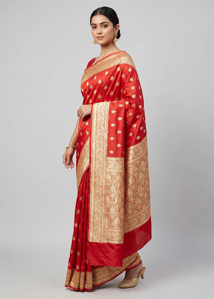 Red Handloom Banarasi Pure Silk Saree With Blouse Piece