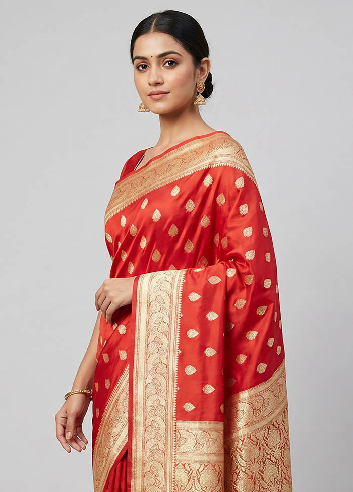 Red Handloom Banarasi Pure Silk Saree With Blouse Piece