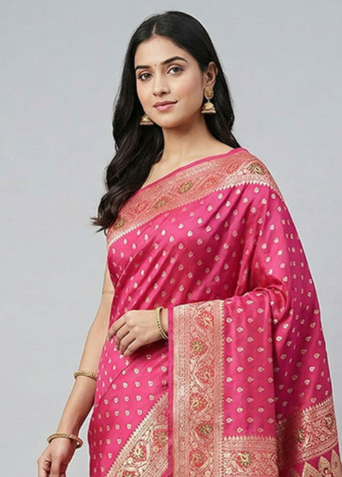 Pink Handloom Banarasi Pure Silk Saree With Blouse Piece