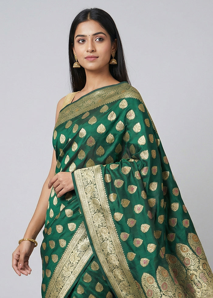 Green Handloom Banarasi Pure Silk Saree With Blouse Piece