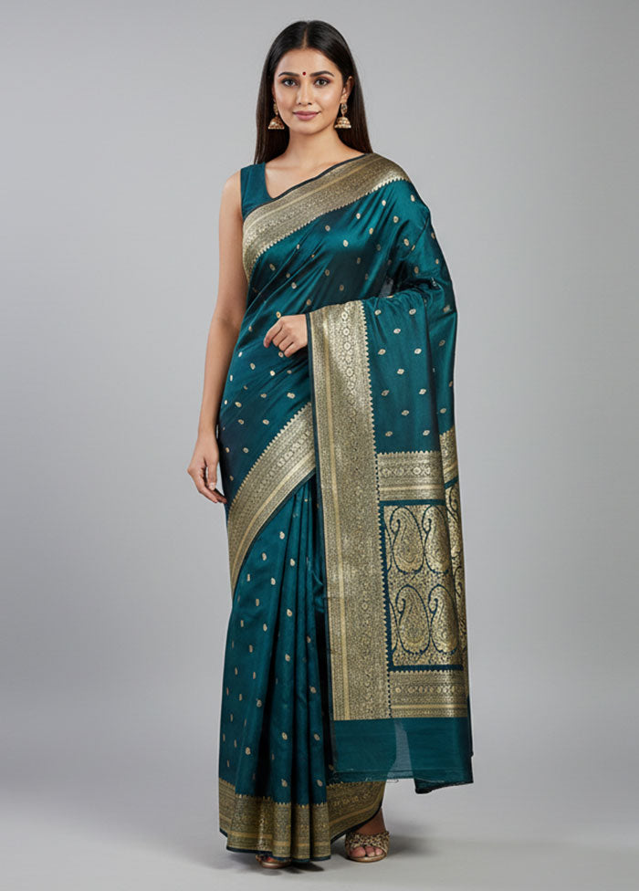 Blue Handloom Banarasi Pure Silk Saree With Blouse Piece
