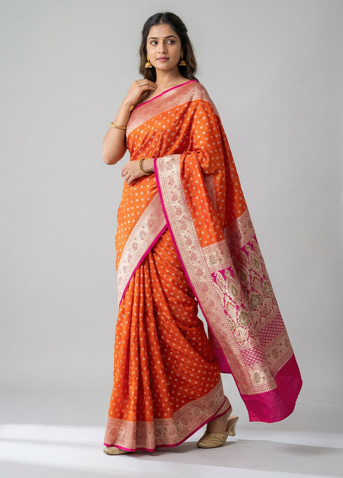 Orange Handloom Banarasi Pure Silk Saree With Blouse Piece