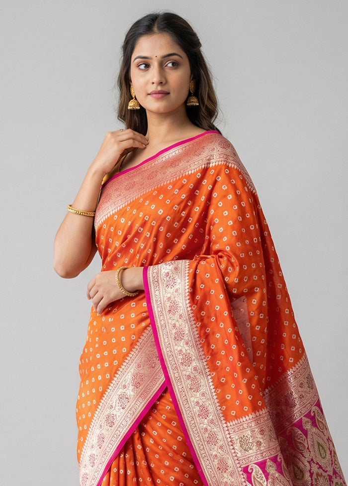 Orange Handloom Banarasi Pure Silk Saree With Blouse Piece