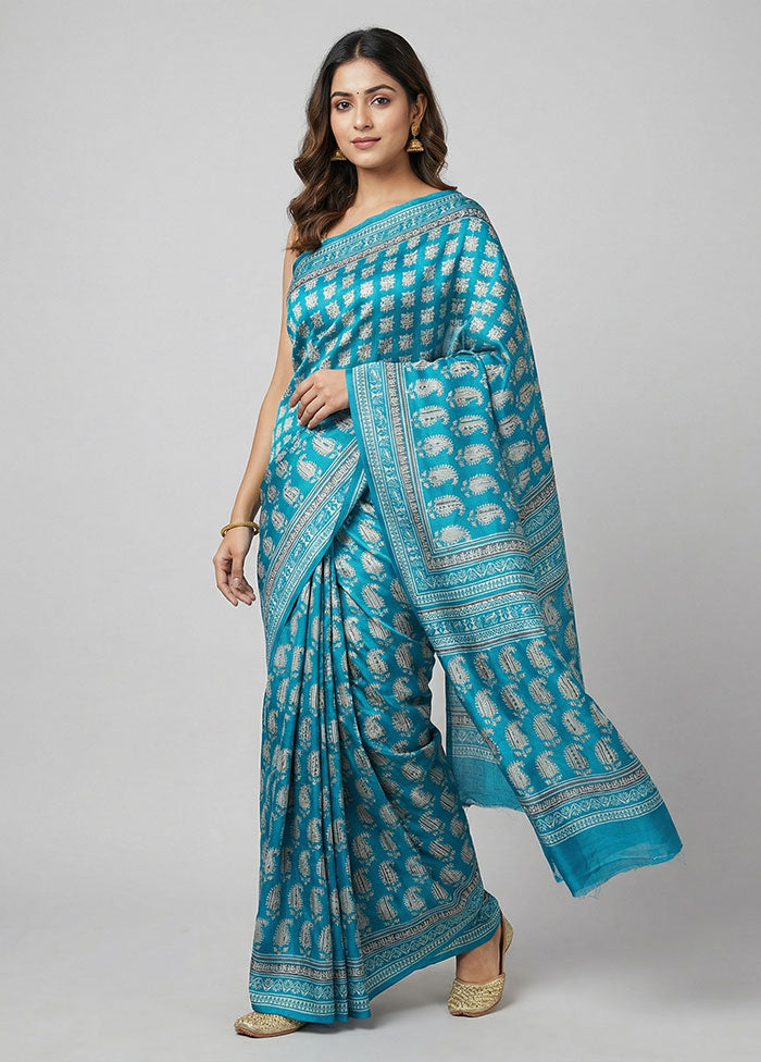 Blue Printed Pure Silk Saree Without Blouse Piece