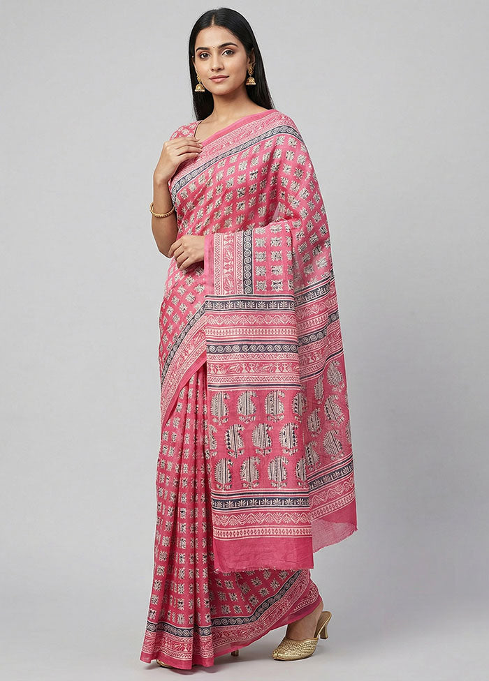 Pink Printed Silk Saree Without Blouse Piece