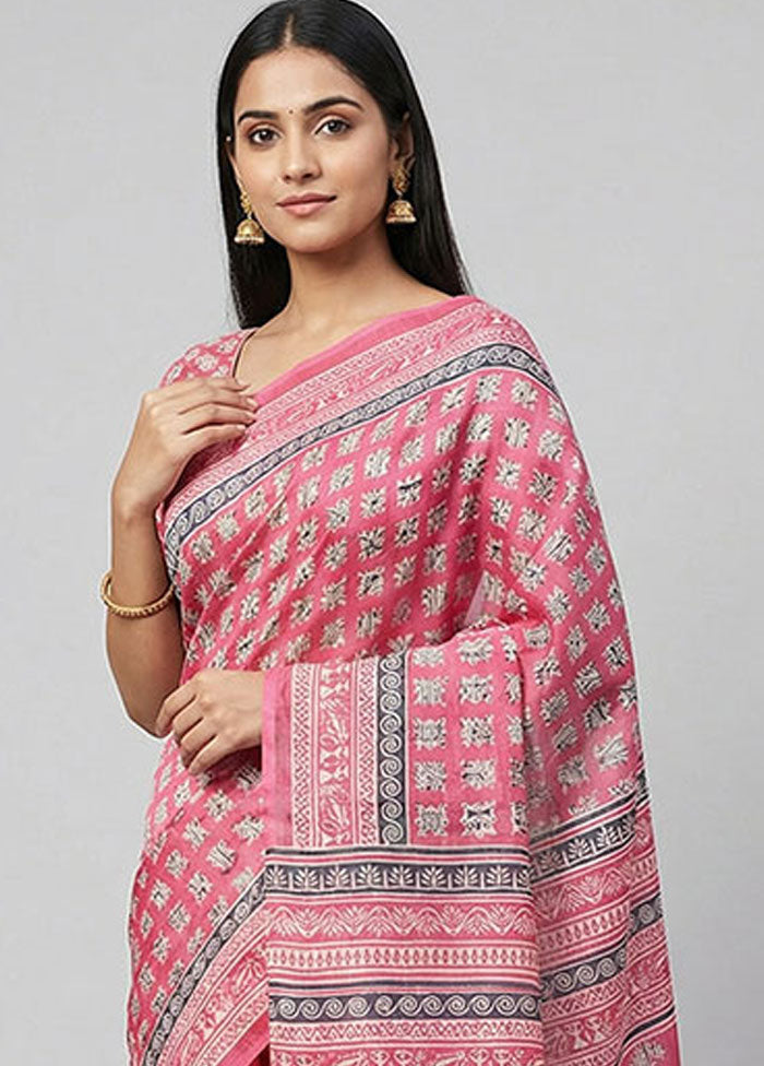 Pink Printed Silk Saree Without Blouse Piece
