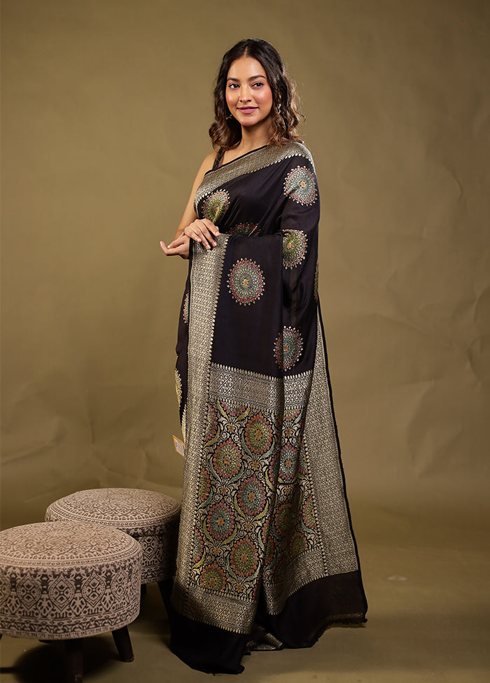Black Handloom Pure Georgette Saree With Blouse Piece