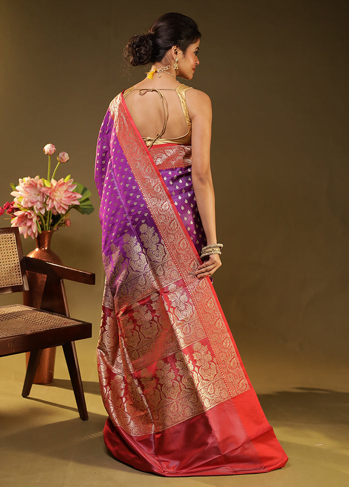 Purple Handloom Banarasi Pure Silk Saree With Blouse Piece