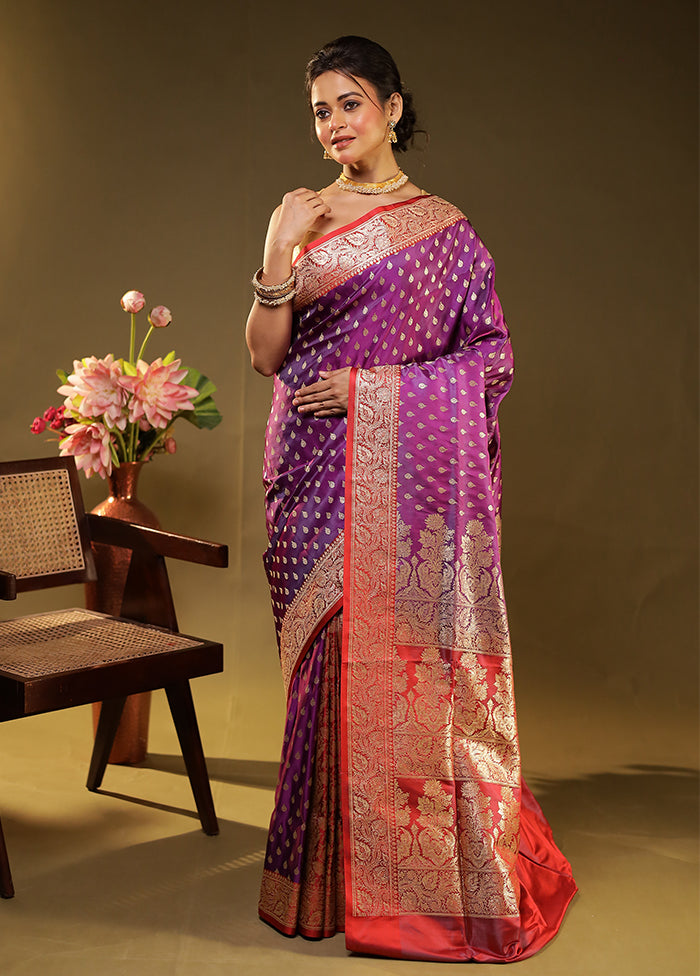 Purple Handloom Banarasi Pure Silk Saree With Blouse Piece
