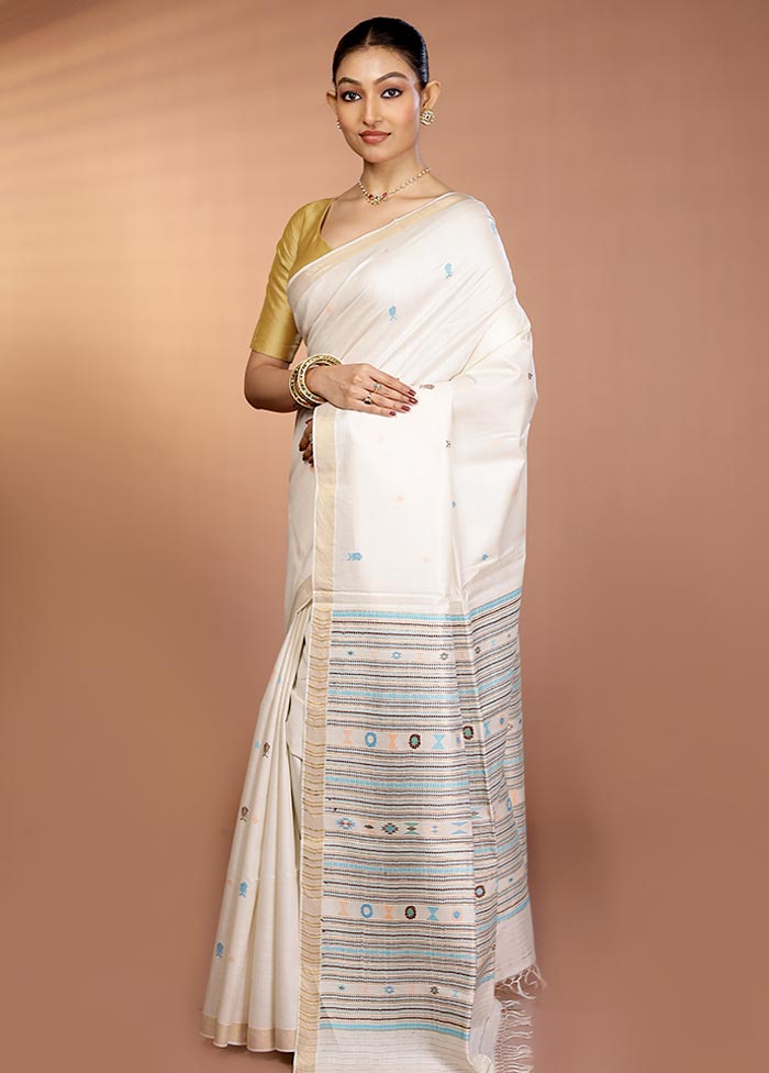 Cream Handloom Tussar Pure Silk Saree With Blouse Piece