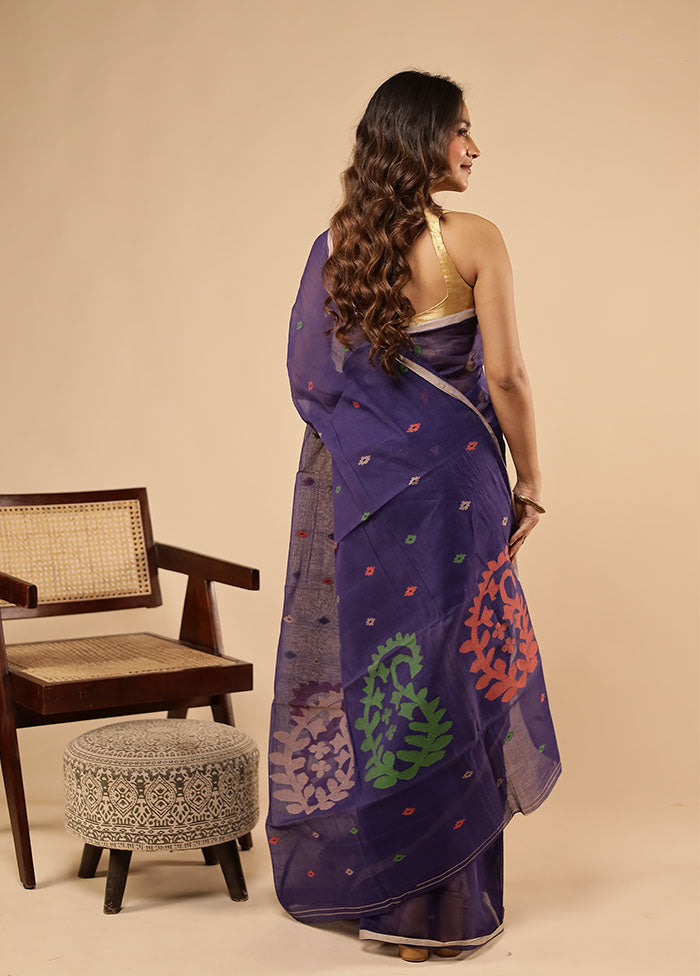 Blue Jamdani Cotton Saree Without Blouse Piece