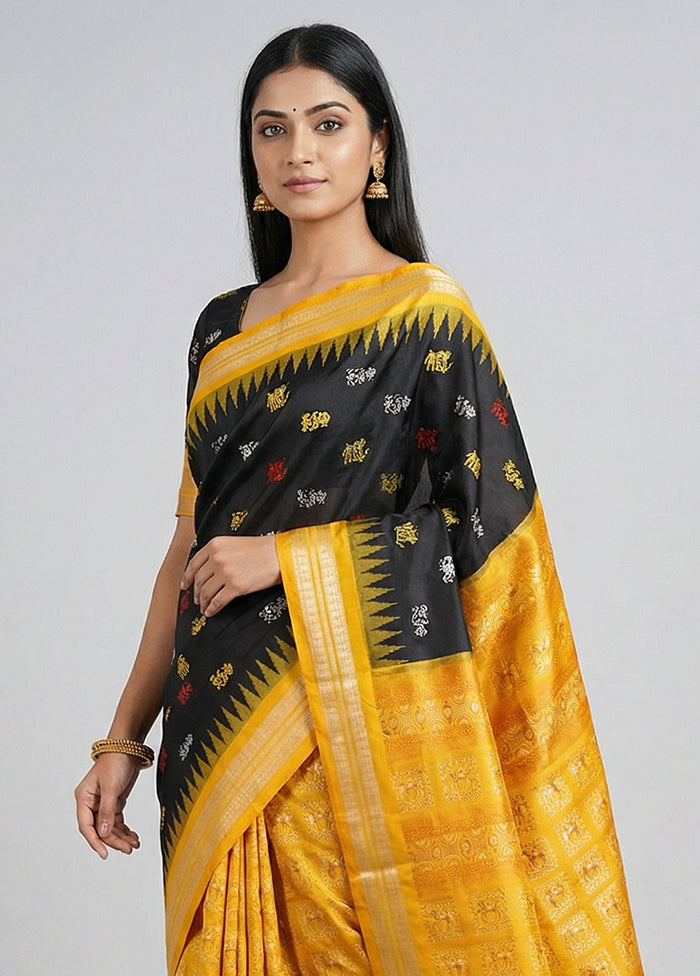 Black Handloom Bomkai Pure Silk Saree With Blouse Piece
