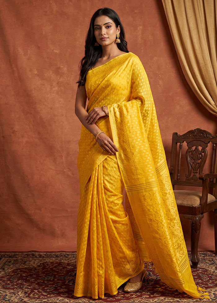 Yellow Jamdani Cotton Saree Without Blouse Piece