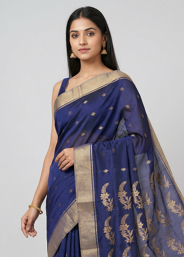 Blue Handloom Chanderi Pure Silk Saree With Blouse Piece