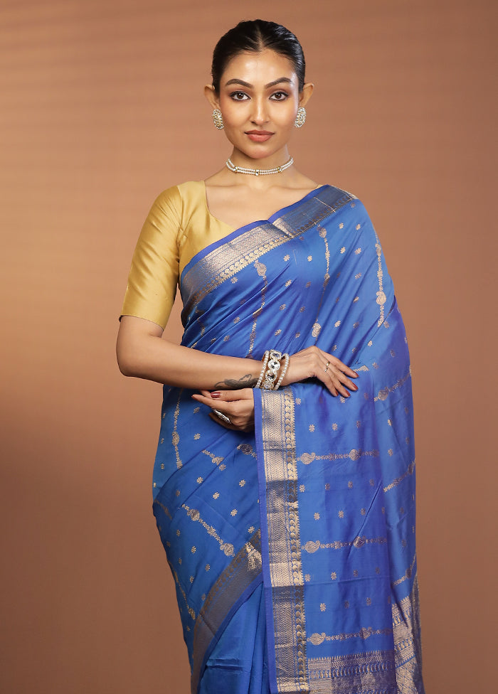 Blue Kanjivaram Silk Saree With Blouse Piece