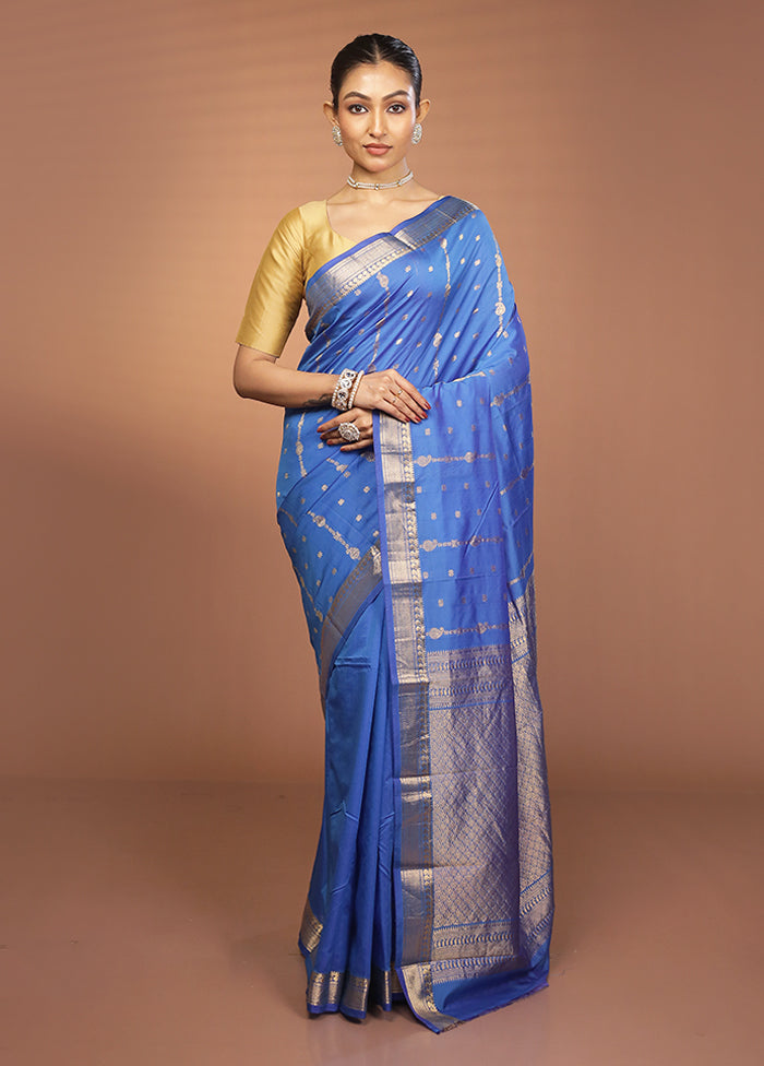 Blue Kanjivaram Silk Saree With Blouse Piece
