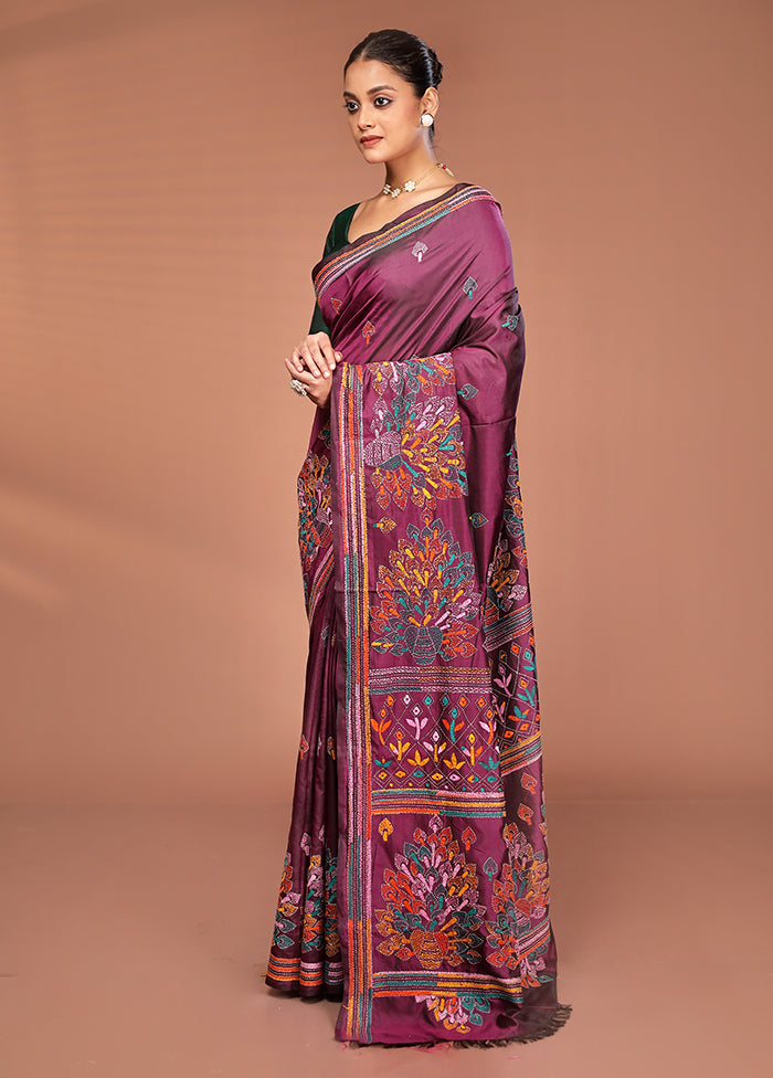 Maroon Kantha Stitch Silk Saree With Blouse Piece