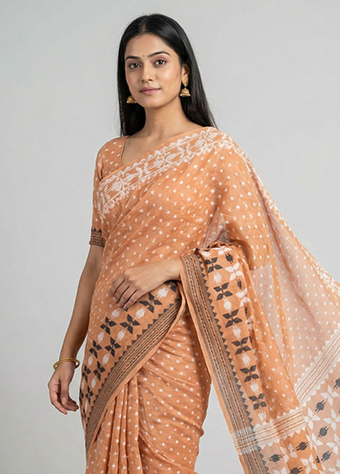 Brown Jamdani Cotton Saree Without Blouse Piece