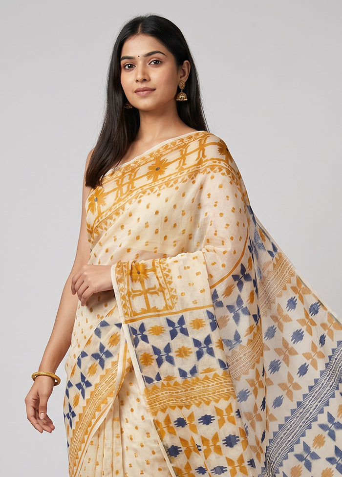 Cream Jamdani Cotton Saree Without Blouse Piece